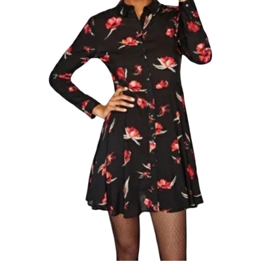 Zara  Dolly Black & Red Poppies Dress Fit and Flare Long Sleeve Shirt Dress XS